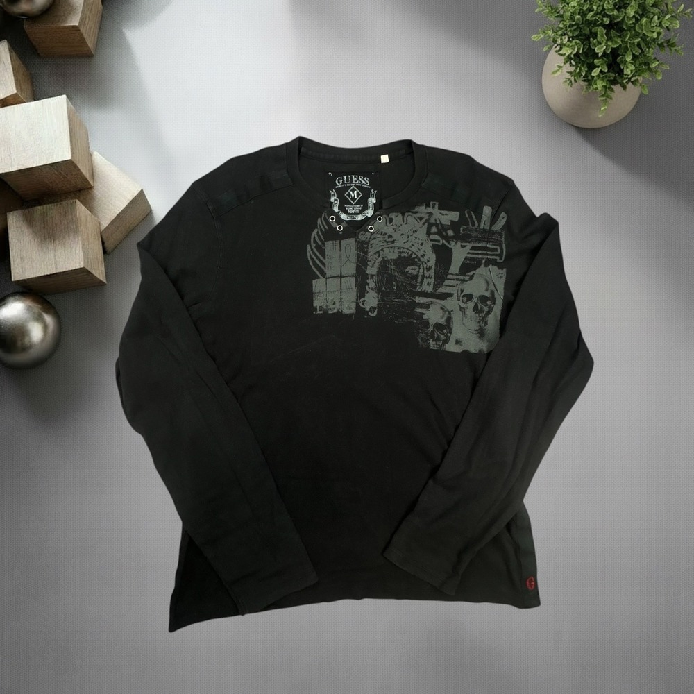 Guess Vintage Y2K Mens Skull Graphic Long Sleeve Thermal Shirt Black Size M